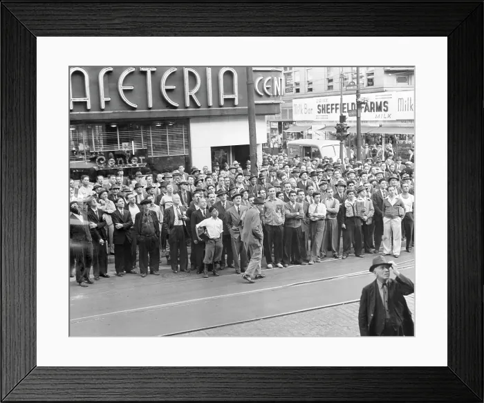 Framed Print : Fans watch bulletins posted by a Brooklyn newspaper as the Brooklyn Dodgers win their first National League pennant in 21 years, September 25, 1941