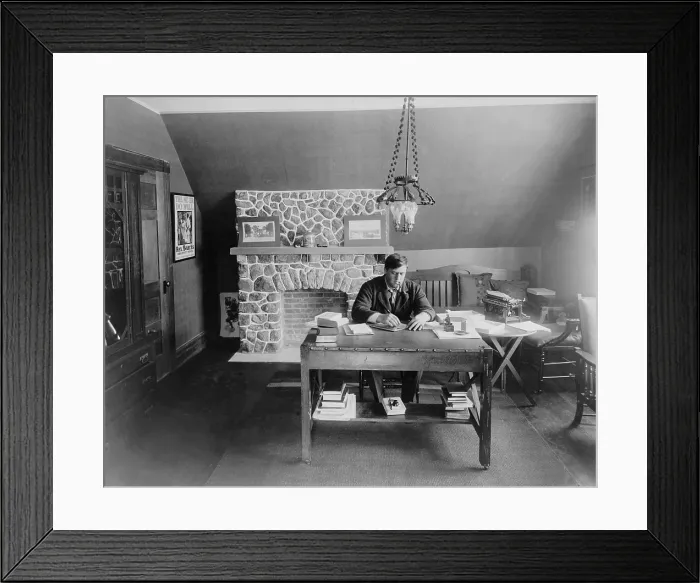 Framed Print : Rex Beach (1877-1949) novelist and playwright, writing at Lake Hopatcong, N.J. in 1913