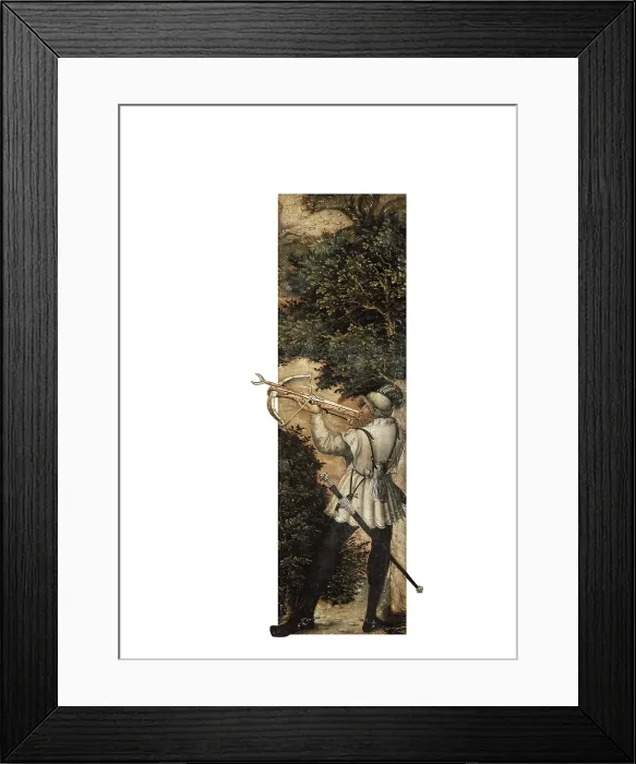 Framed Print : Cranach, Lucas, 'the Elder' (1472-1553). Hunt in Honour of Charles V at the Castle of Torgau. 1544. Central lower detail: a crossbowman. Renaissance art. Oil on wood