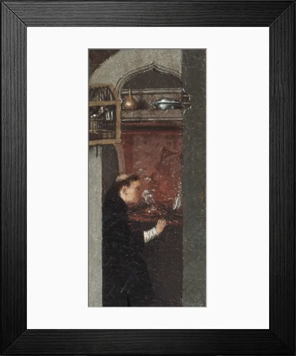 Framed Print : BERMEJO, Bartolom (1420-1498). A Saint Bishop. 1475-1485. Upper left detail. Monk lighting a fire. Gothic art. Oil on wood. UNITED STATES OF AMERICA. Chicago