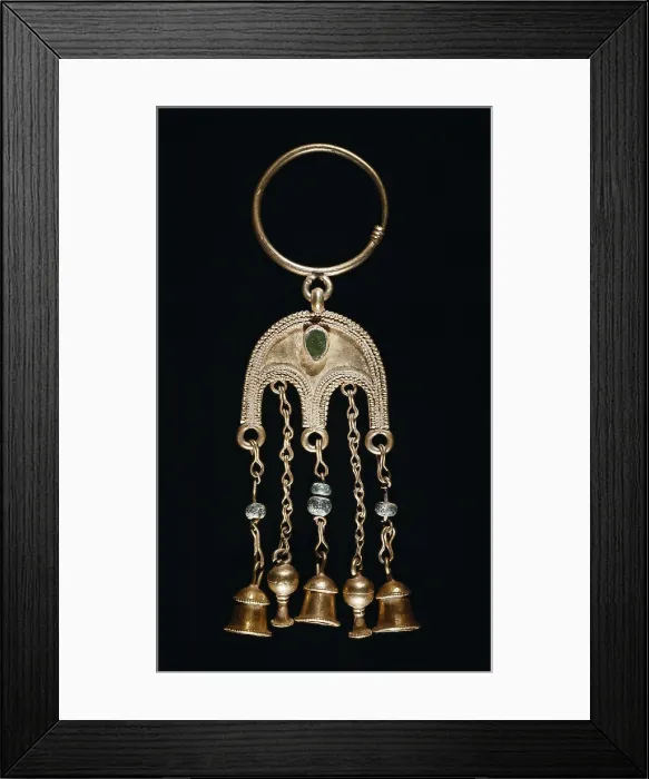Framed Print : Gold earring with little bells. c. 500 BC. Roman art. Republican period. Jewelry. ITALY. Cagliari. National Archaeological Museum of Cagliari. Proc: ITALY. SARDINIA. Dolianova
