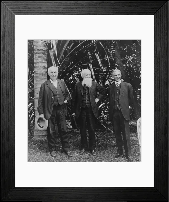 Framed Print : Thomas Edison (1847-1931), John Burroughs (1837-1921), and Henry Ford (1863-1947) in 1914 at Edison's home in Ft. Myers, Florida Framed Print : Thomas Edison (1847-1931), John Burroughs (1837-1921), and Henry Ford (1863-1947) in 1914 at Edison's home in Ft. Myers, Florida