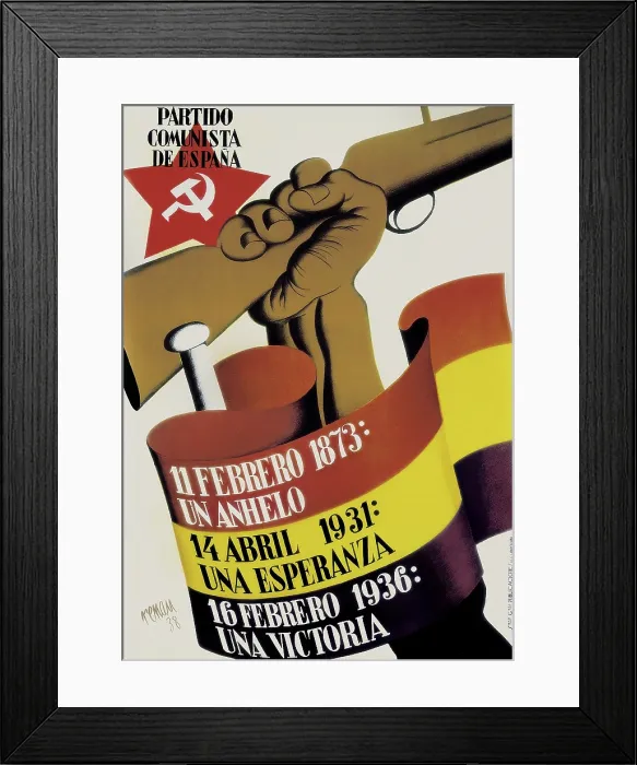 Framed Print : Spain. Civil War. '11 de febrero 1873. un anhelo. 14 de abril 1931: una esperanza. 16 de febrero 1936: una victoria' (11th February 1873: a wish)