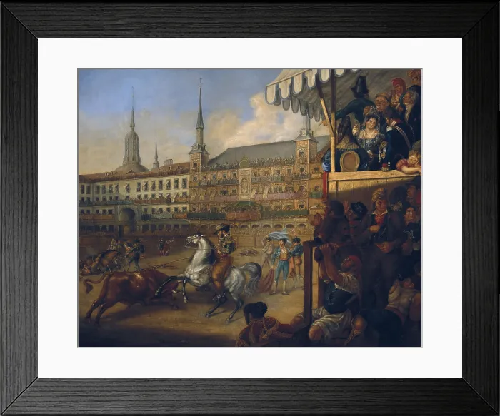 Framed Print : Bullfight in Plaza Mayor bullfighting ring in Madrid. In the background, 'Casa de la Panaderia'. 19th century. Costumbrism. Painting. Private Collection Framed Print : Bullfight in Plaza Mayor bullfighting ring in Madrid. In the background, 'Casa de la Panaderia'. 19th century. Costumbrism. Painting. Private Collection