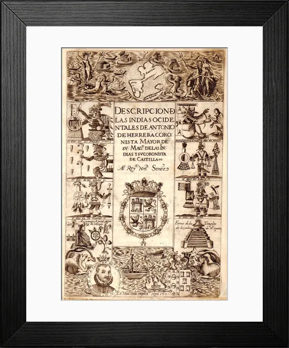 Framed Print : Title Page of 1610 book about the Natives of New Spain with portraits of Inca leaders, prominent Spaniards, native buildings, and scenes