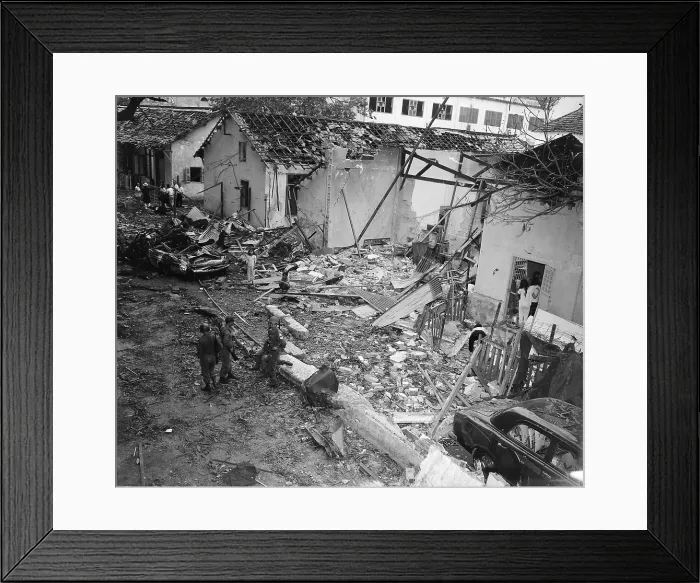 Framed Print : Vietnam War, at 5:55 p.m. on December 24, 1964, Viet Cong terrorists exploded a bomb in the garage area underneath the Brinks Hotel in Saigon, South Vietnam