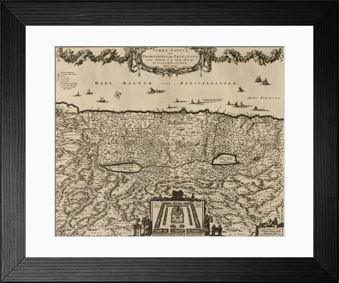 Framed Print : 1659 map of Palestine with a symbolic illustration of the twelve Tribes of Israel surrounding a temple complex