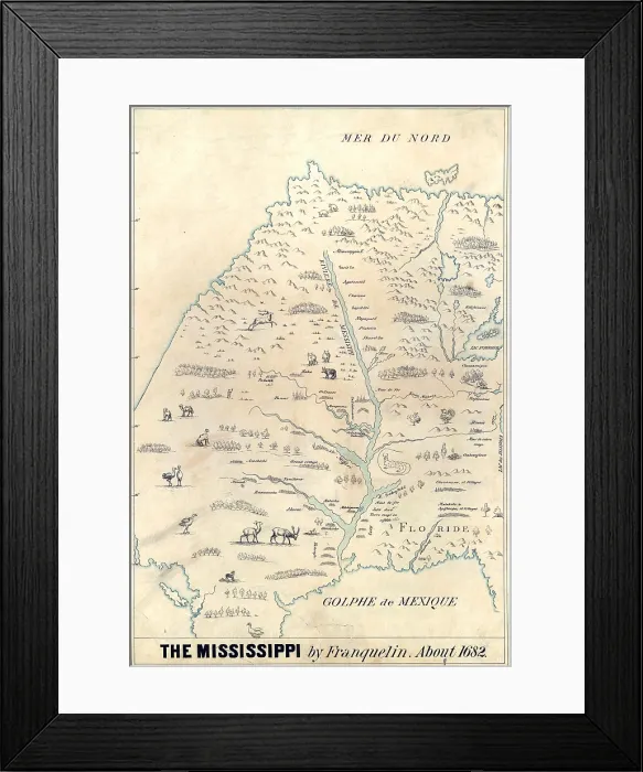 Framed Print : 1682 French map of the Mississippi River and region, showing locations of Native American settlements, animals and tributaries Framed Print : 1682 French map of the Mississippi River and region, showing locations of Native American settlements, animals and tributaries