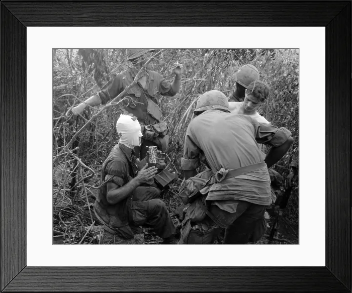 Framed Print : Vietnam War, members of Company D ist Battalion, 501st Airborne Infantry relate battle and wounds received during action east of Tam Ky, to other members of the Company