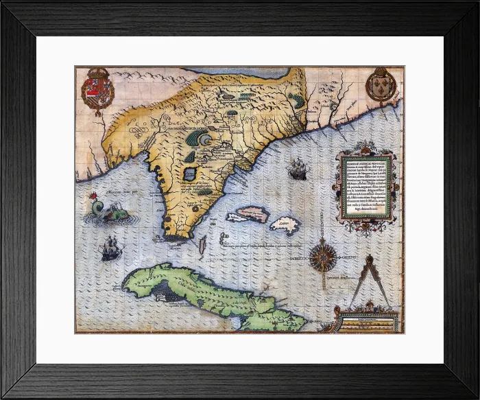 Framed Print : 1591, exploration era map of Florida and Cuba by Frenchmen Jacque Le Moyne. The map includes many Native American and European place names, including Havana Framed Print : 1591, exploration era map of Florida and Cuba by Frenchmen Jacque Le Moyne. The map includes many Native American and European place names, including Havana