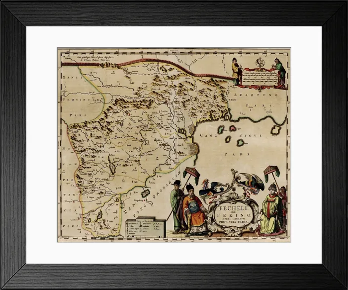 Framed Print : 1655 map of Beijing and surrounding provinces. Cartouche shows seated figures in Chinese costume attended by servants