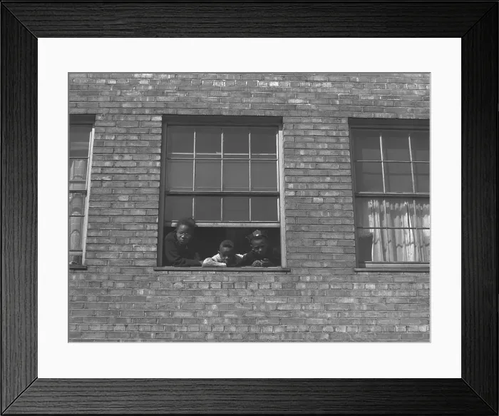 Framed Print : African American children at window of a city apartment building ca. 1950 Framed Print : African American children at window of a city apartment building ca. 1950