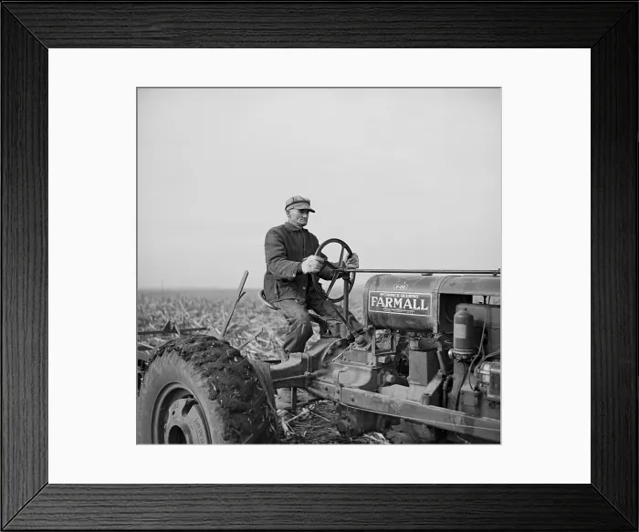 Framed Print : Tip Estes, a hired hand on an Indiana Farm, operating a tractor. The father of nine children, he lived in a small house on the farm where he worked