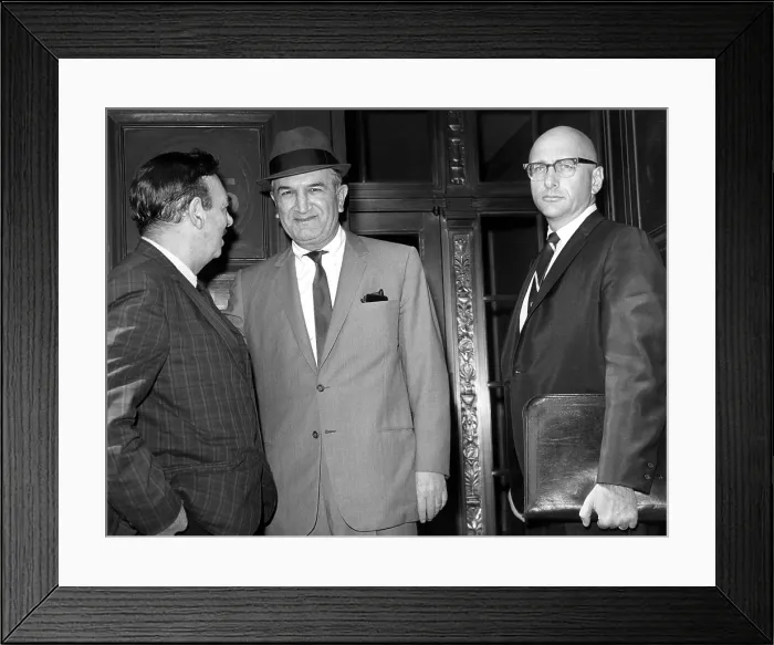 Framed Print : NEW YORK: Long-missing Mafia leader Joseph (Joe Bananas) Bonanno (center) Framed Print : NEW YORK: Long-missing Mafia leader Joseph (Joe Bananas) Bonanno (center)