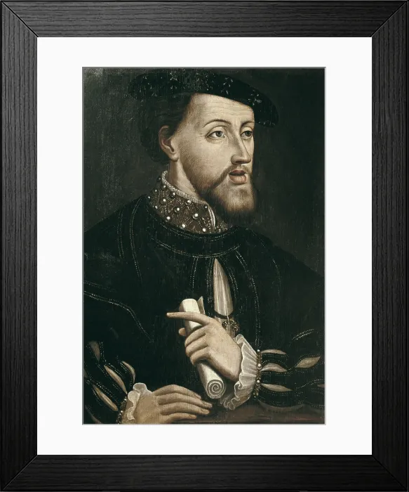 Framed Print : CHARLES V (1500-1558). Holy Roman Emperor (1519-1556) and King of Spain (1516-1556), as Charles I. Anonymous author. Charles the Fifth. 16th c. Oil on wood. FRANCE. Chantilly