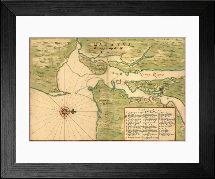 Framed Print : New Amsterdam in 1639. Earliest map shows Manhattan, Staten Island, Fort Amsterdam, Brooklyn, Bronx, plantations, windmills, Indian Villages