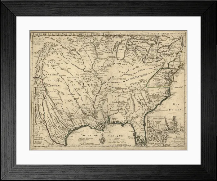Framed Print : 1718 French map of North America showing the Mississippi River region, locations of Native American settlements, and the colonies of France, Spain, and Britain