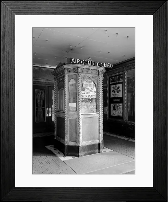 Framed Print : Movie Theaters, The Garden Theater, ticket booth, and posters for DR