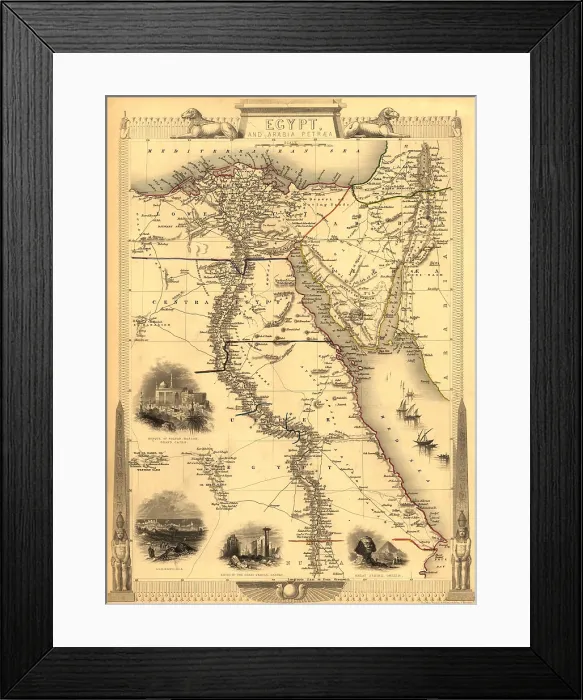 Framed Print : 1851 map of Egypt with engravings of the Cairo, Alexandria, temples at Karnak, and Pyramids and Sphinx at Giza. Traditional arab ships, dhows, are shown sailing on the Red Sea