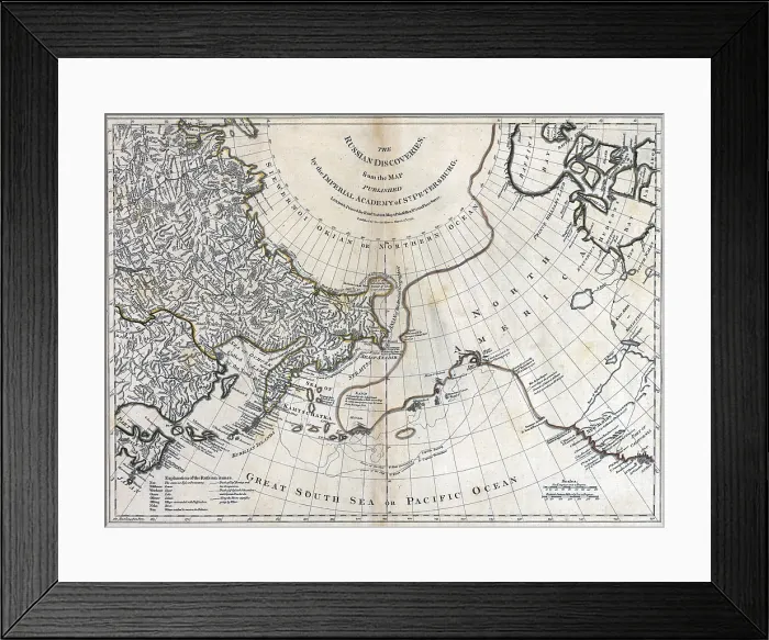 Framed Print : 1775 map showing Eastern Russian and Western North America. Map shows exploration routes of Vitus Bering (1778), Russian explorer Tachirikow, and many Spanish language place names Framed Print : 1775 map showing Eastern Russian and Western North America. Map shows exploration routes of Vitus Bering (1778), Russian explorer Tachirikow, and many Spanish language place names
