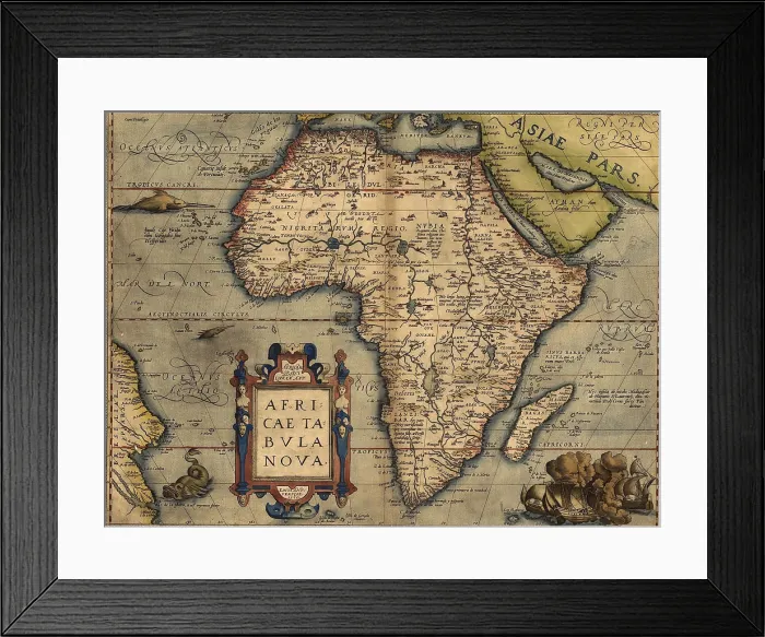 Framed Print : 1570 map of Africa by Abraham Ortelius. Map shows place names, settlements, rivers, lakes mountains, coasts, and islands. South Atlantic Ocean and Eastern South America are shown Framed Print : 1570 map of Africa by Abraham Ortelius. Map shows place names, settlements, rivers, lakes mountains, coasts, and islands. South Atlantic Ocean and Eastern South America are shown