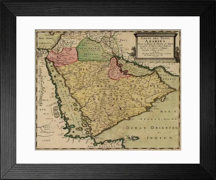 Framed Print : 1654 French map of Arabian Peninsula by Nicolas Sanson. At center top is 'Yerack, ' present day Iraq. Bahrain has clear borders. Mecca is included