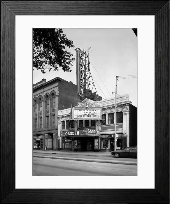 Framed Print : Movie Theaters, The Garden Theater, showing LE MANS, starring Steve McQueen, constructed in 1927, 10-12-14, West North Avenue, Pittsburgh, Pennsylvania, circa 1971