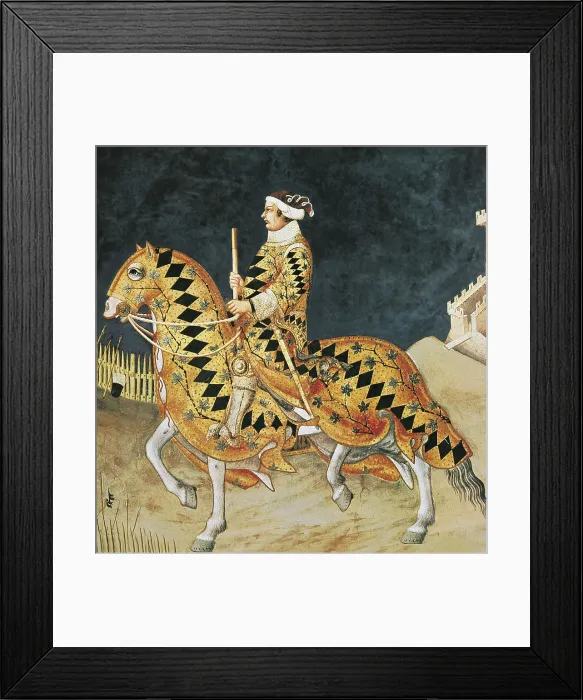 Framed Print : MARTINI, Simone di Martino, called Simone (1284-1344). Equestrian portrait of Guidoriccio da Fogliano. 1328-1330. ITALY. Siena. Public Palace. Upper center detail Framed Print : MARTINI, Simone di Martino, called Simone (1284-1344). Equestrian portrait of Guidoriccio da Fogliano. 1328-1330. ITALY. Siena. Public Palace. Upper center detail