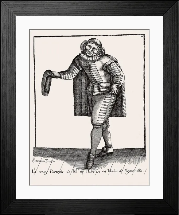 Framed Print : MOLIERE, Jean-Baptiste Poquelin, called (1622-1673). Molire characterized as Sganarelle, main character of the homonymous comedy (1660). Xylography. SPAIN. Barcelona