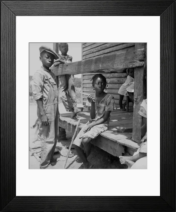 Framed Print : African American farm children on the porch of their home in the Mississippi Delta. Photo by Dorothea Lange, June 1936