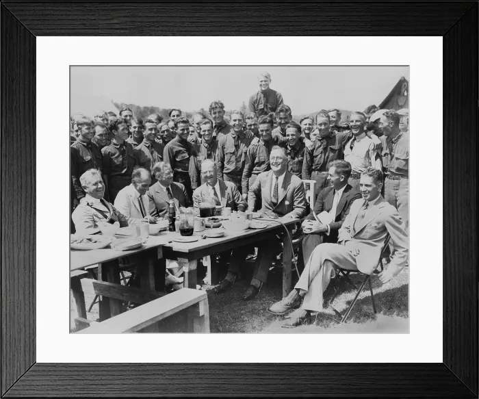 Framed Print : President Franklin D. Roosevelt having lunch at mess table in Camp Fechner, a Civilian Conservation camp, at Big Meadows, Va