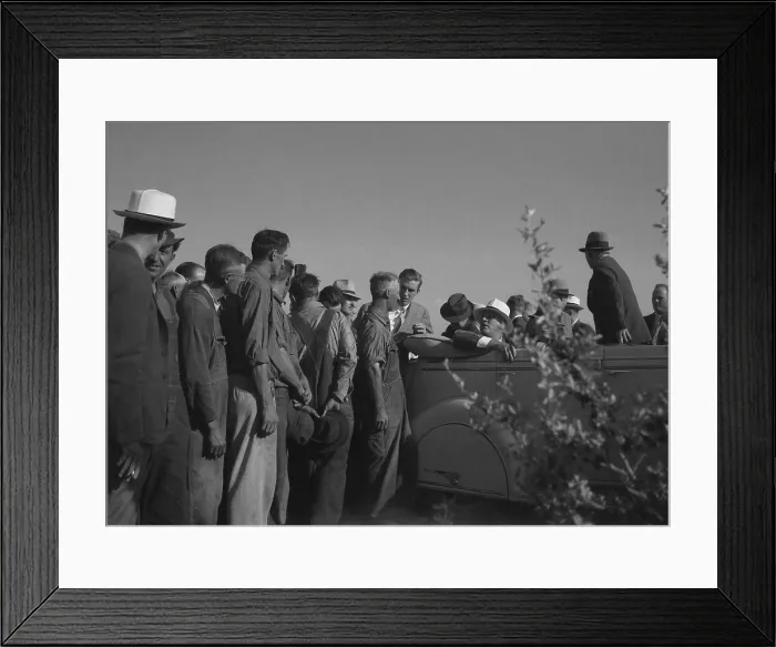 Framed Print : President Roosevelt greeted by workers near Mandan, North Dakota during his tour of Midwest inspecting drought damage. August 1936 photo by Arthur Rothstein
