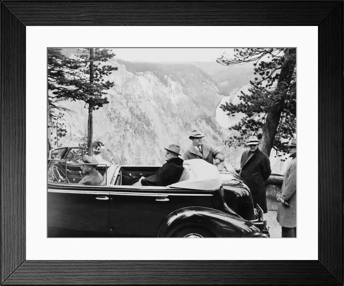 Framed Print : President Franklin Roosevelt (1882-1945), confined in his automobile at Artist Point, Yellowstone National Park, with his Secret Service guards during his Western tour