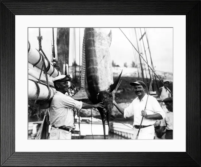 Framed Print : Ernest Hemingway (1899-1961), posed with Capt. Joe Russell of Key West, beside a huge hanging marlin they caught off the coast of Florida. Ca. 1935 Framed Print : Ernest Hemingway (1899-1961), posed with Capt. Joe Russell of Key West, beside a huge hanging marlin they caught off the coast of Florida. Ca. 1935