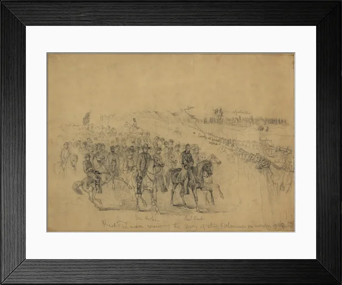 Framed Print : President Lincoln on horseback with his generals, reviewing the Army of the Potomac on Monday, April 6, 1863