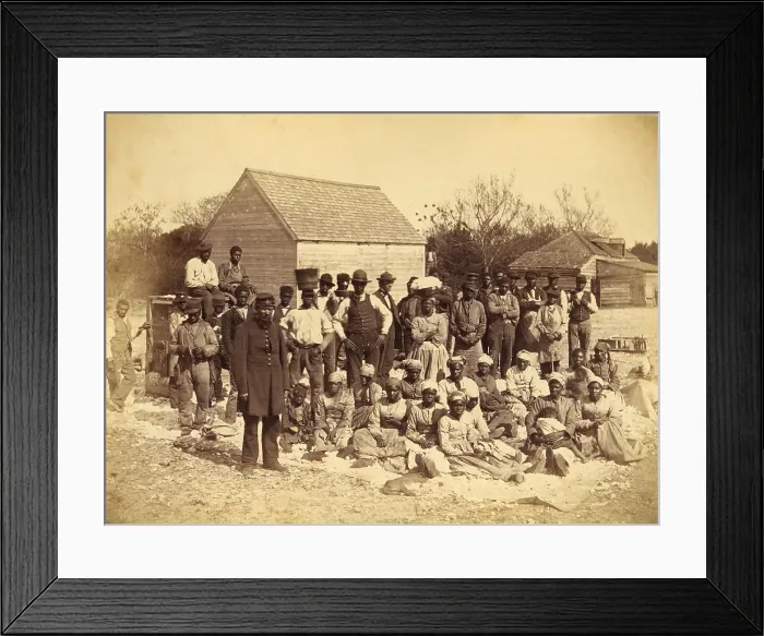 Framed Print : A Union soldier stands with African Americans on the plantation Thomas F. Drayton, Hilton Head Island, South Carolina, 1862. Photo by Henry P. Moore, May 1862