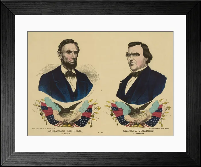Framed Print : Campaign banner for the Republican ticket in the 1864 presidential election, Abraham Lincoln of Illinois and Andrew Johnson of Tennessee. 1864