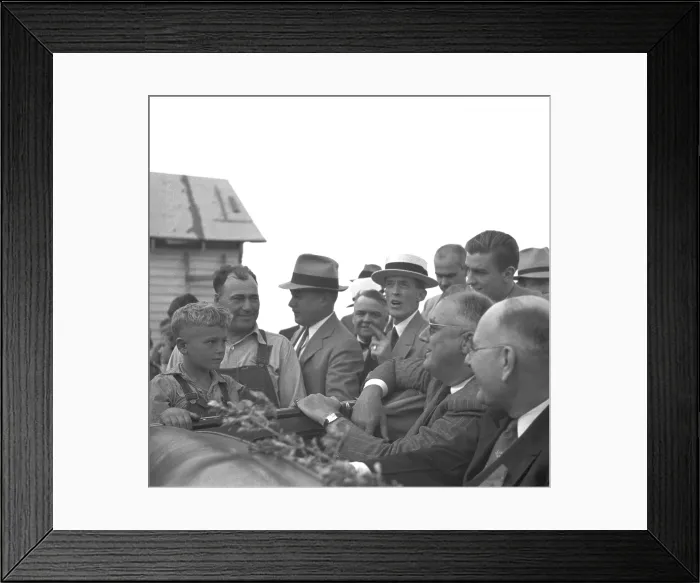 Framed Print : President Roosevelt visits farmer who is receiving a drought relief grant in Mandan, North Dakota, during his tour of Midwest inspecting relief projects Framed Print : President Roosevelt visits farmer who is receiving a drought relief grant in Mandan, North Dakota, during his tour of Midwest inspecting relief projects