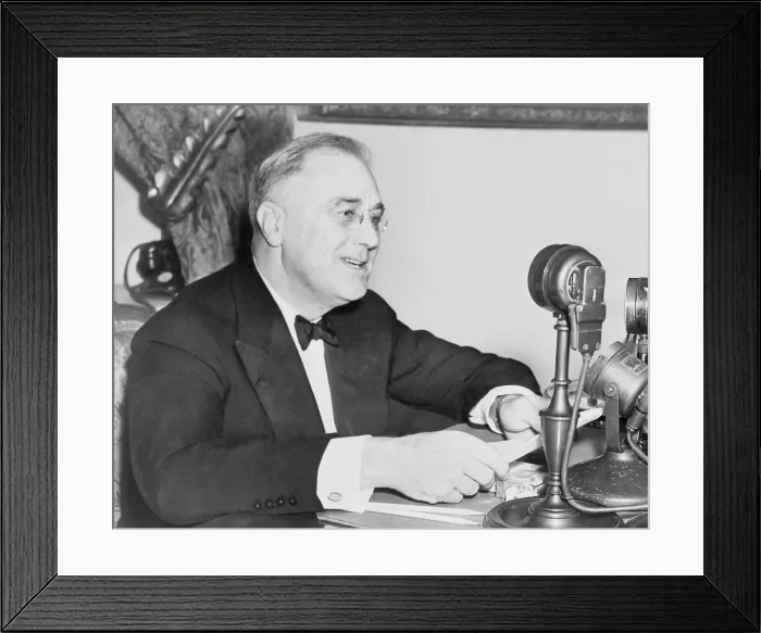 Framed Print : President Franklin D. Roosevelt (1882-1945), delivering a radio address on unemployment during the Great Depression. His policies supported labor unions and minimum wages