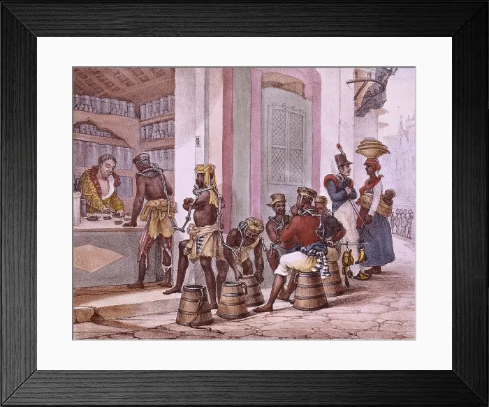 Framed Print : DEBRET, Jean Baptiste (1768-1848). A Colourful and Historic Journey to Brazil. 1839. Black slaves buying tobacco. Costumbrism. Litography