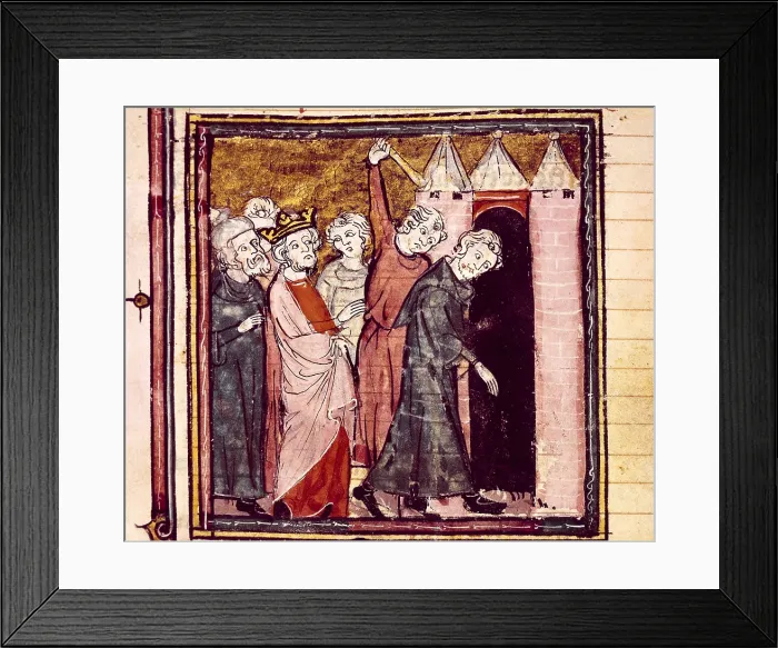 Framed Print : CHARLES MARTEL (688-741). Frank prince and king. Charles Martel looks after punishment and banishment of two men, from the 'Grandes Chroniques de France', 14th c Framed Print : CHARLES MARTEL (688-741). Frank prince and king. Charles Martel looks after punishment and banishment of two men, from the 'Grandes Chroniques de France', 14th c