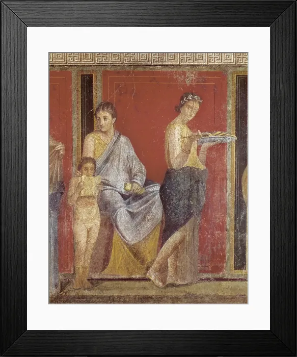 Framed Print : Initiation into the mysterious Dionysion cult. 1st c. BC. ITALY. Pompeii. Villa of Mysteries. Detail of the initiation of a young woman, reading of the ritual and offering boy
