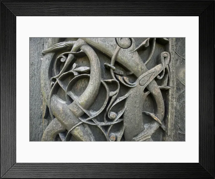 Framed Print : NORWAY. SOGN OG FJORDANE. Urnes Stavkirke, aka Urnes Stave Church (woodden church from 12th c.). Detail of Viking decorations