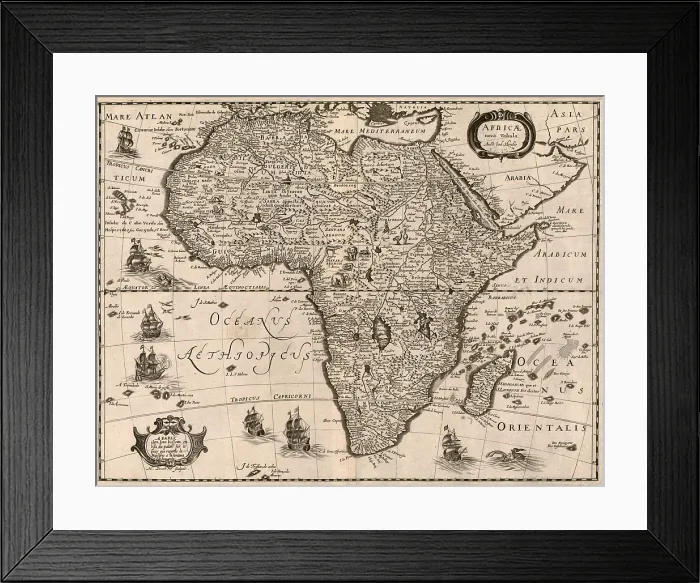Framed Print : 1640 map of Africa showing geographic and cultural places, with detail of mountains, river, lakes, animals, and ocean going European ships Framed Print : 1640 map of Africa showing geographic and cultural places, with detail of mountains, river, lakes, animals, and ocean going European ships
