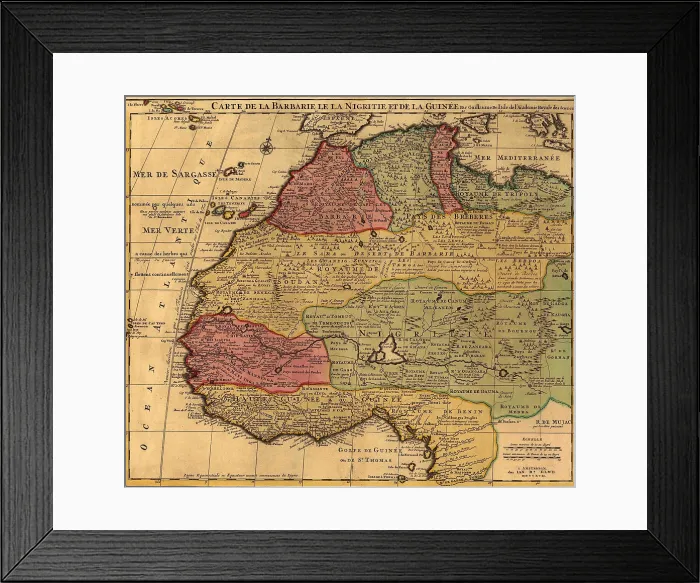 Framed Print : 1742 French map of Northwest Africa, identifying kingdoms and boundaries within the large regions Barbary, Nigreties, and Guinea