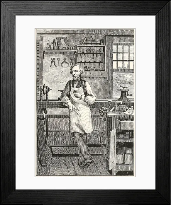 Framed Print : Samuel F. B. Morse (1791-1872), inventor of an electric telegraph, in his workshop where he made his own instruments. Ca. 1830