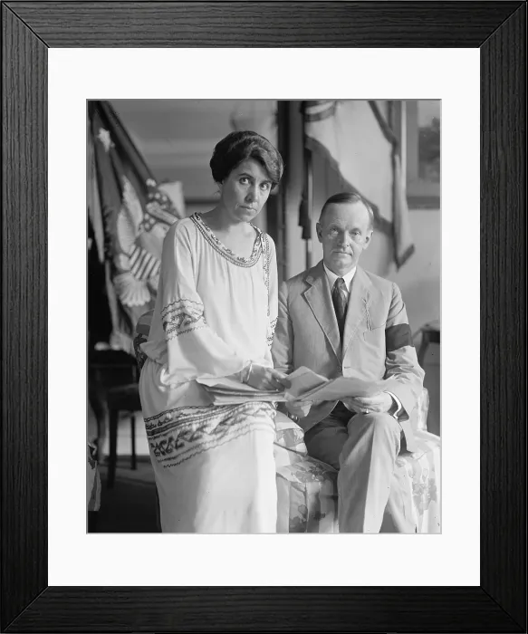 Framed Print : President Calvin Coolidge (1872-33), wearing a black mourning armband, and his wife two days after the sudden death of President Warren Harding on Aug. 2, 1923
