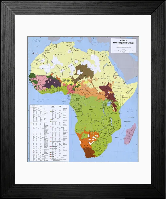 Framed Print : Map showing ethnology and linguistic groups of Africa that conflict with national boundaries, based on European colonization Framed Print : Map showing ethnology and linguistic groups of Africa that conflict with national boundaries, based on European colonization