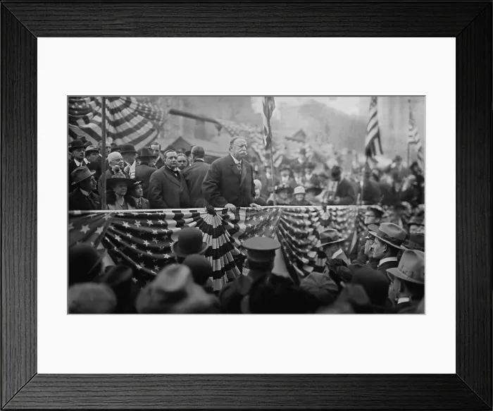 Framed Print : President William Taft (1857-1930) speaking on a flag draped podium in 1909