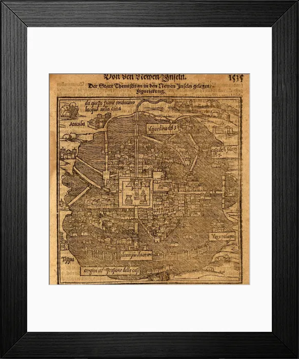 Framed Print : Aztec capital, Tenochtitlan, now Mexico City, from a 1597 map by Sebastian Munster